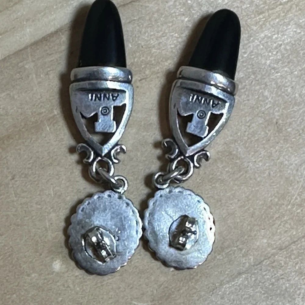 VTG ANNI‎ Stud Dangle Earrings 1.875 Inch Castle Black Onyx 925 Sterling 10.6g